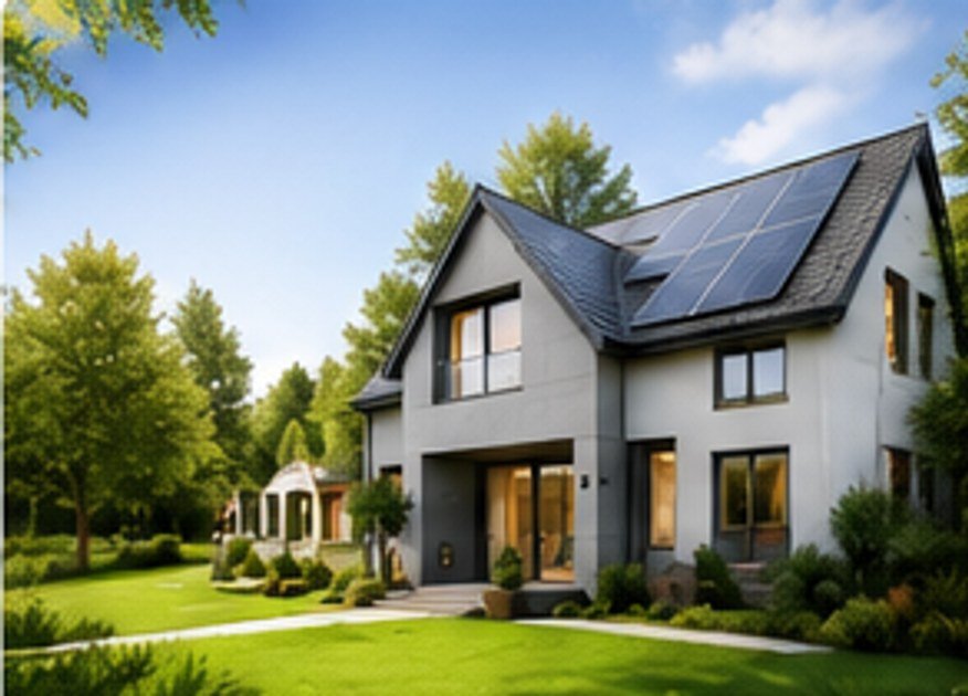 Maison moderne éco avec panneaux solaires et jardin lumineux